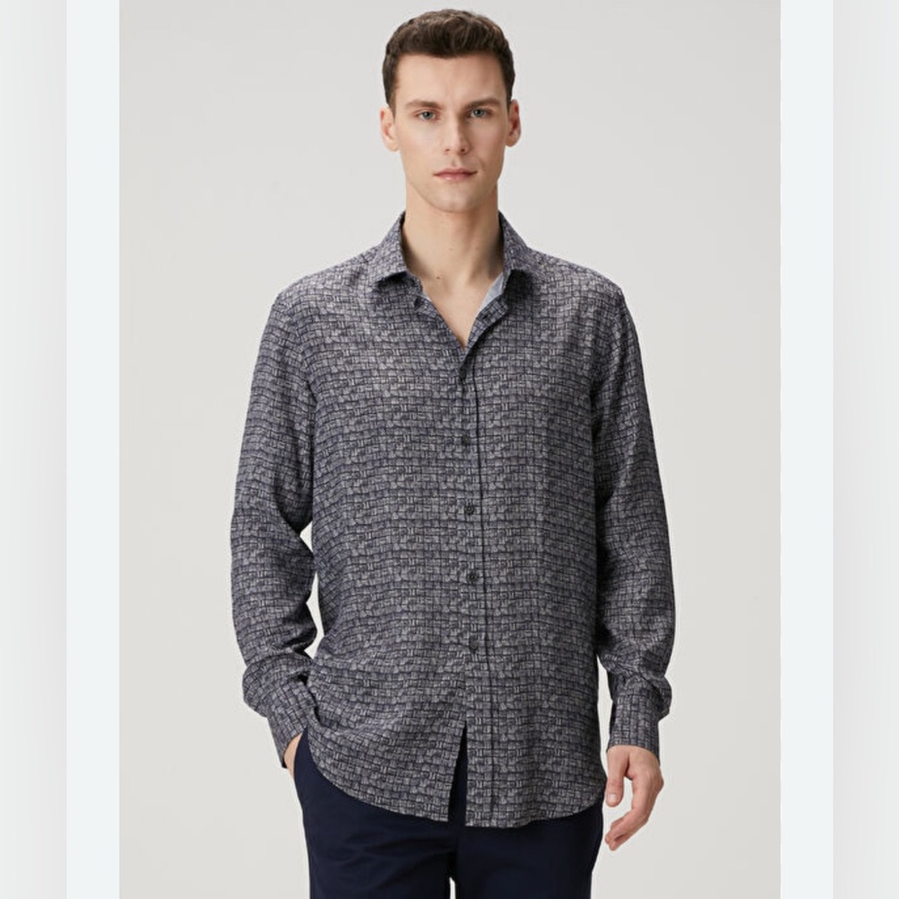 Pal Zileri Grey Geometric Patterned Egyptian Cotton Classic Button Up Shirt 16.5